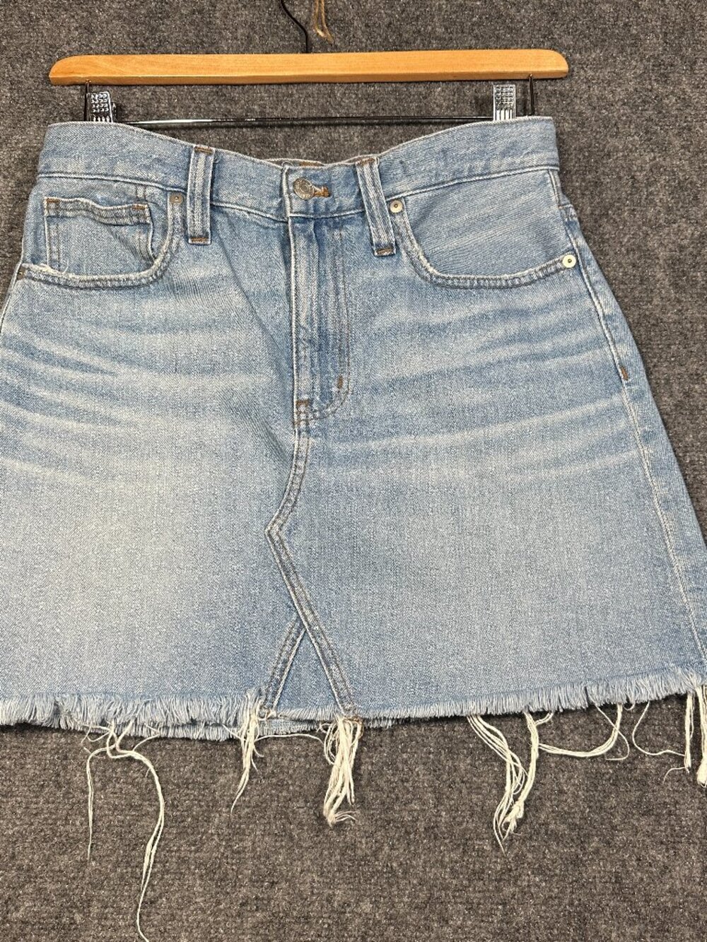 Madewell Rigid Denim A Line Mini Skirt Pencil Cotton Denim Raw Hem Pockets
